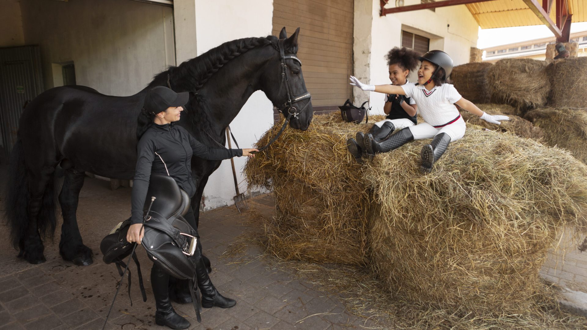 full-shot-children-learning-ride-horses